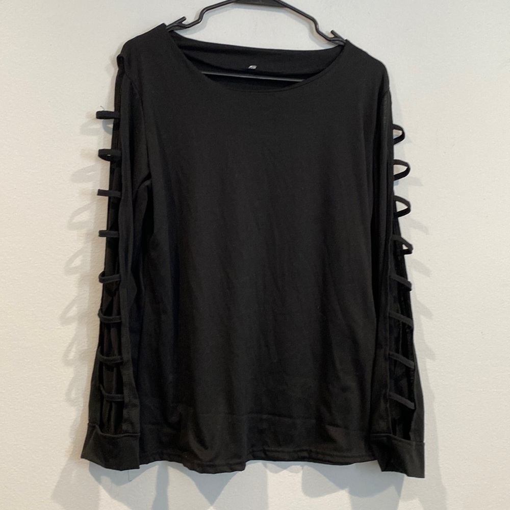 Black Unbranded Long Sleeve Blouse With Open Striped Sleeves-Size Extra Large XL